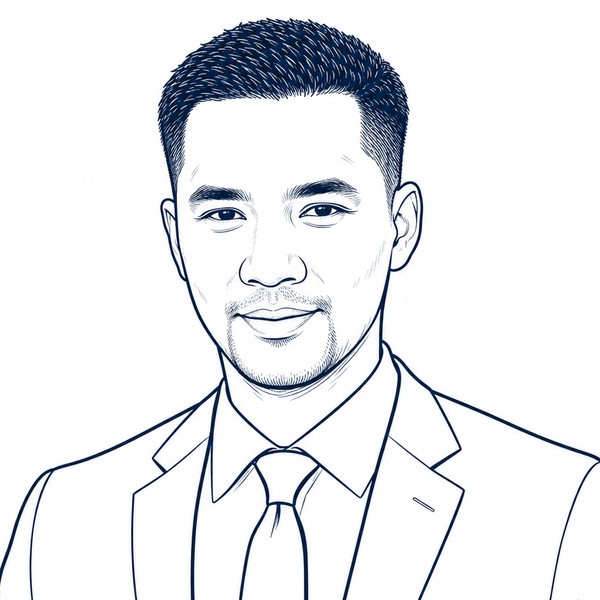 Line-drawn portrait of Mark B.